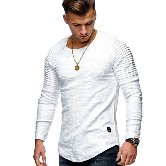 SOLID COLOR SLEEVE PLEATED PATCH DETAIL LONG SLEEVE T-SHIRT