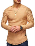 SOLID COLOR SLEEVE PLEATED PATCH DETAIL LONG SLEEVE T-SHIRT