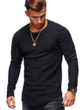 SOLID COLOR SLEEVE PLEATED PATCH DETAIL LONG SLEEVE T-SHIRT