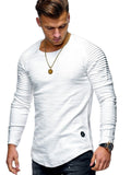 SOLID COLOR SLEEVE PLEATED PATCH DETAIL LONG SLEEVE T-SHIRT