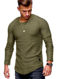 SOLID COLOR SLEEVE PLEATED PATCH DETAIL LONG SLEEVE T-SHIRT